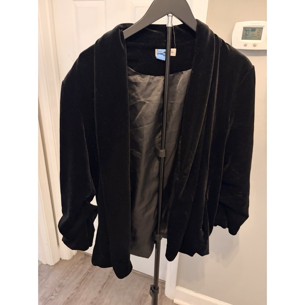 ee:some Black Velvet Open Front Shawl Collar Swing Blazer Ruched Sleeve L Layer